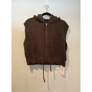 NEW Dazy Knit Hooded Zip Vest Womens Large Brown Stretch Travel Minimalist